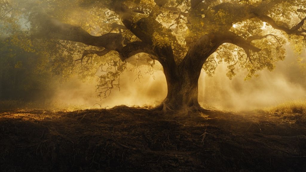 A solitary, weathered oak tree bathed in golden sunlight, roots intertwined with fertile, dark soil. Mist hangs, hinting at a hidden stream. Soft, ethereal glow.