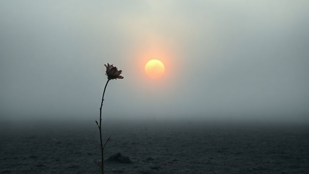 A solitary, wilting flower in a desolate, grey landscape. Gloom descends, a fractured mirror reflecting a fading, golden sun, isolating it within ethereal mist.