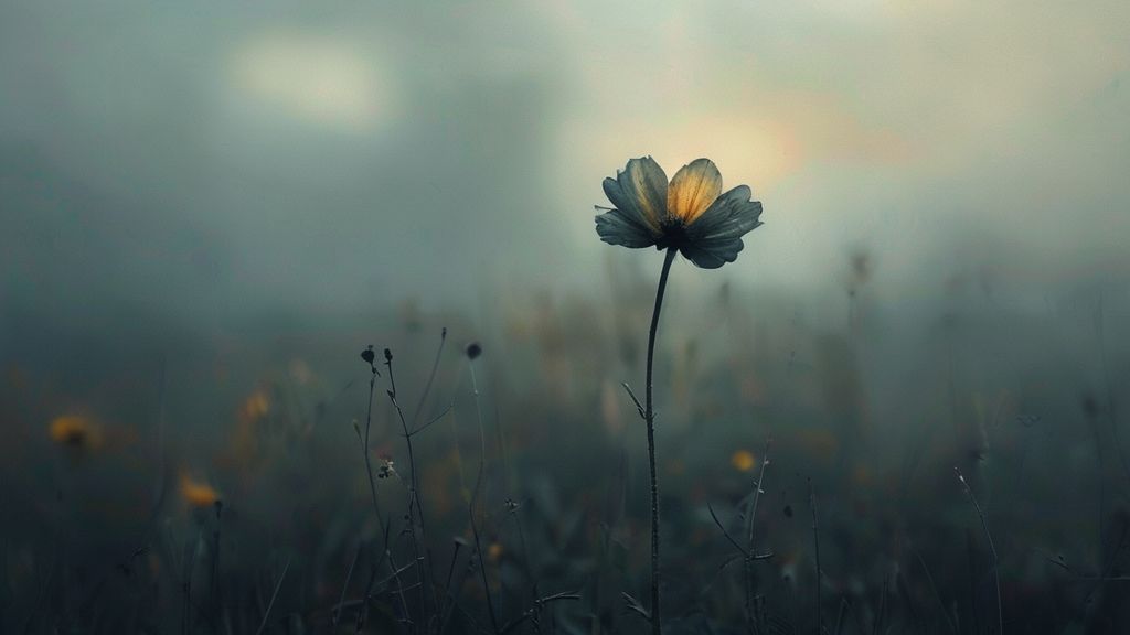 A solitary, wilting flower in a dimly lit, vast, and misty field. Soft, golden light barely touches it. Focus on subtle blues and grays, representing silent pain and support.