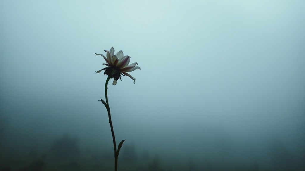 A solitary, wilting flower shrouded in a damp, grey Highland mist. Ethereal, soft light barely illuminates its fragile petals, hinting at an impending inferno. Cinematic, 4k.