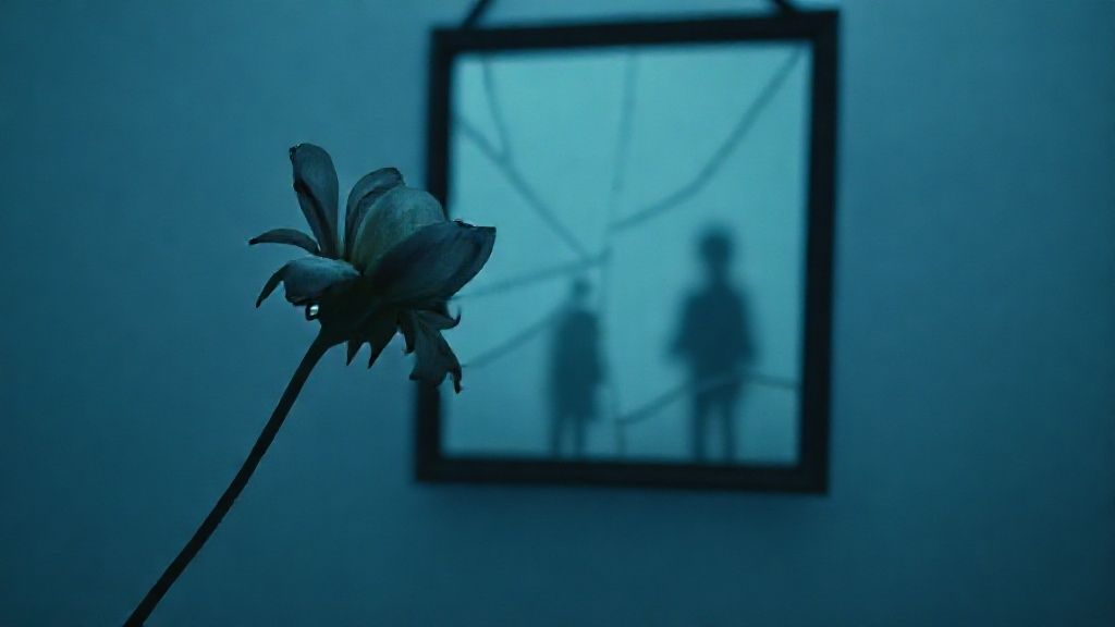A solitary, wilting flower, its petals translucent in a cold, dim light. A fractured mirror reflects a ghostly silhouette, embodying absence and lost expectations. Soft blues and grays, cinematic.