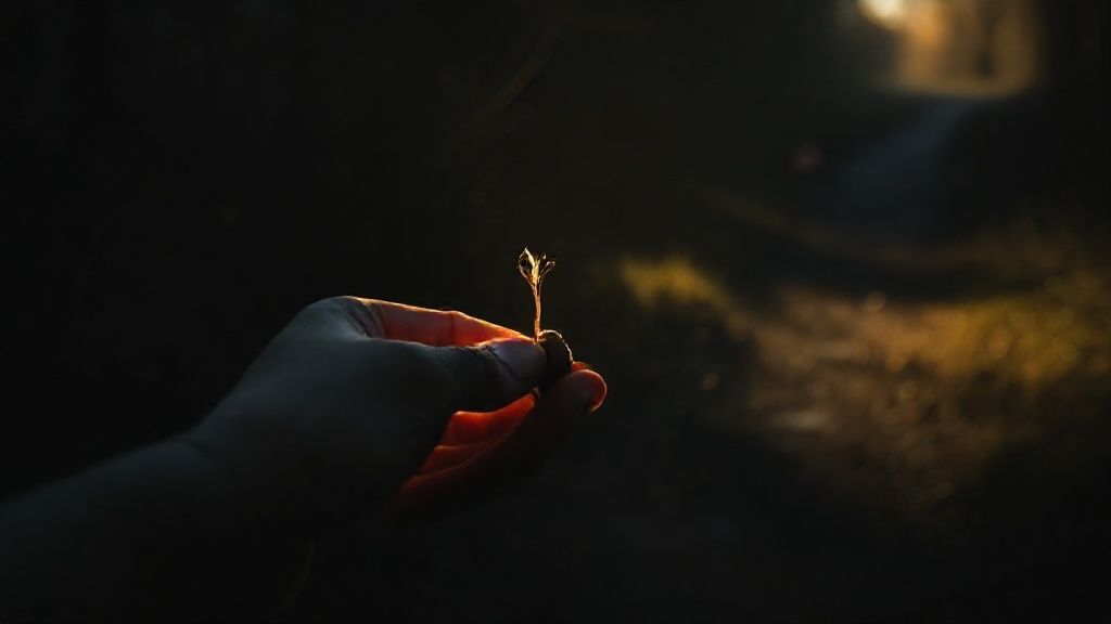 A solitary, withered hand gently clutches a fragile, dormant bulb in deep shadow. Ethereal, golden light barely illuminates a path, hinting at a distant bloom amidst surrounding darkness, reflecting grief.