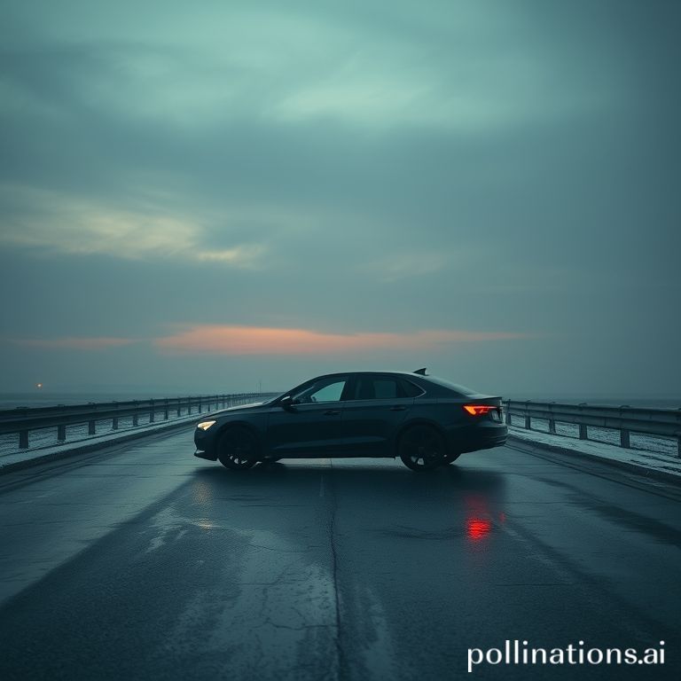 [Изображение автомобиля на фоне идиллического, но тревожного пейзажа]