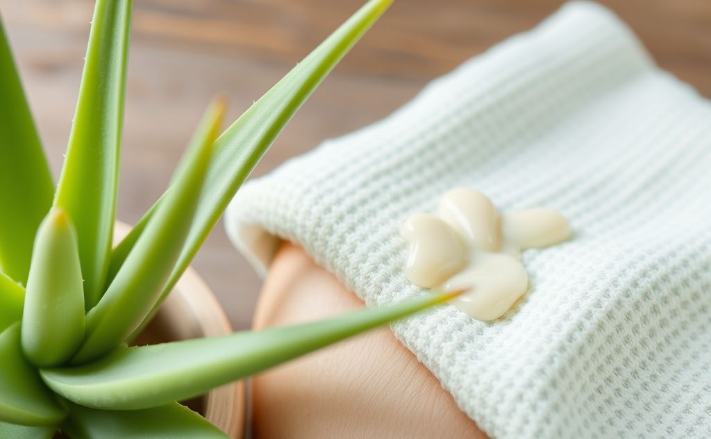 A soothing aloe vera plant next to a cooling cloth on skin.