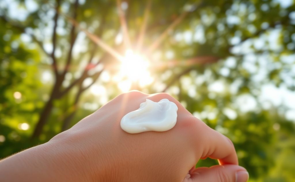 A soothing cream applied to irritated skin in a sunny outdoor setting.
