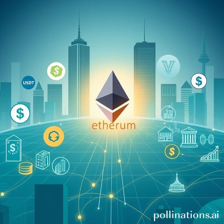 Visual representation of stablecoins and tokenized assets bolstering Ethereum's market cap and role in global finance.