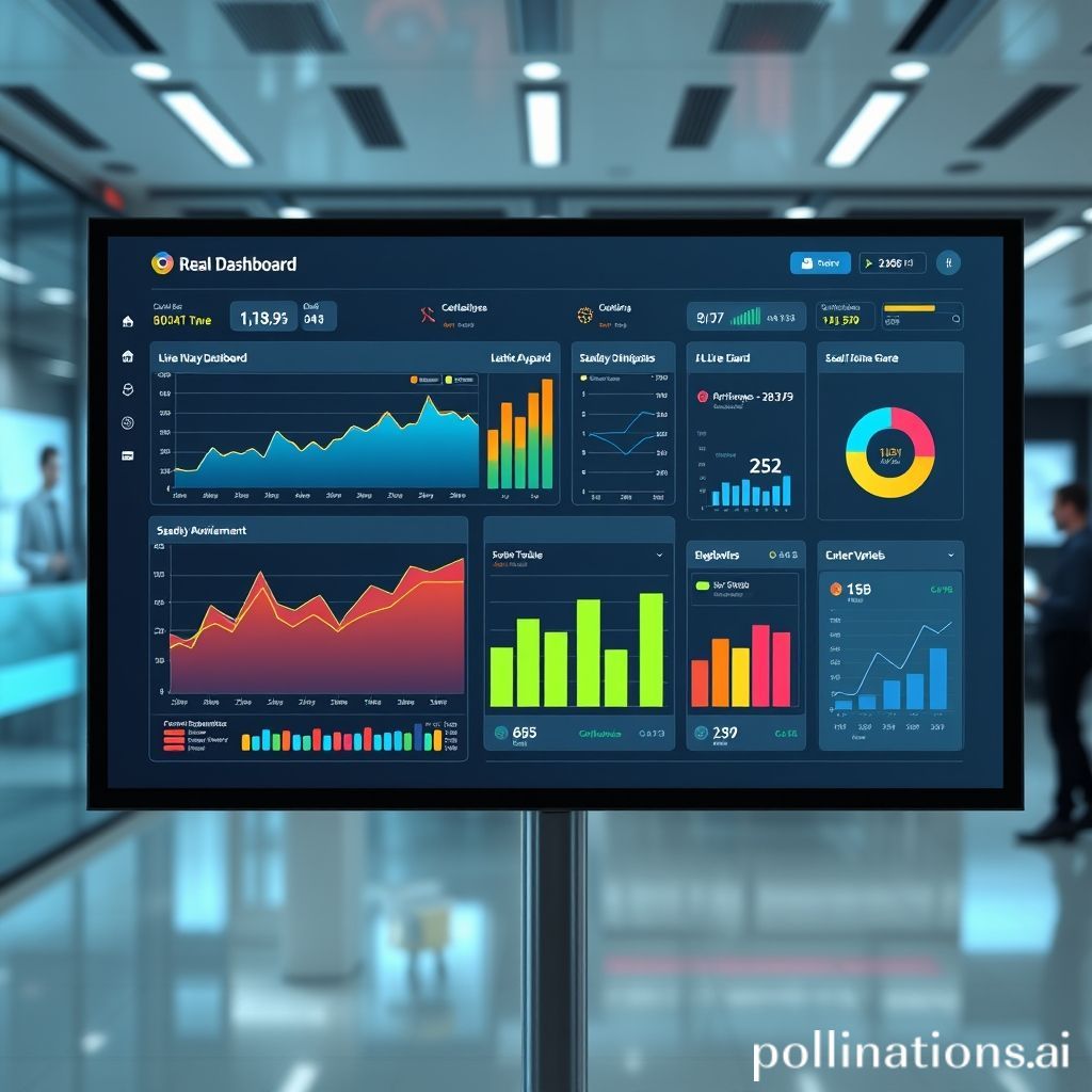 A sophisticated, modern real-time dashboard displayed on a large screen in a sleek, tech-savvy office environment. The dashboard features various dynamic charts (line graphs, bar charts, pie charts) and key performance indicators (KPIs) showing live data updates. The colors of the graphs are vibrant and easy to distinguish. In the background, blurred figures of business professionals are seen working, subtly emphasizing the human element and business context. The overall aesthetic should be clean, futuristic, and focused on data visualization.