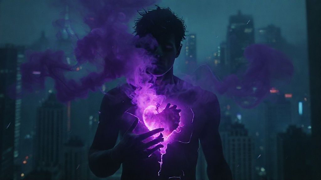 A soul unraveling amidst a shadowy cityscape. Fractured, ethereal figure, chest aglow with a racing heart. Whispers of violet smoke swirling, reflecting anxiety's grip. Cinematic lighting, 4k.