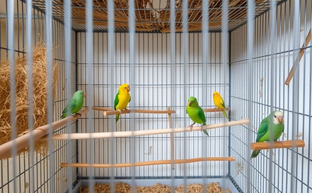 A spacious bird hospital cage with natural materials and perches.