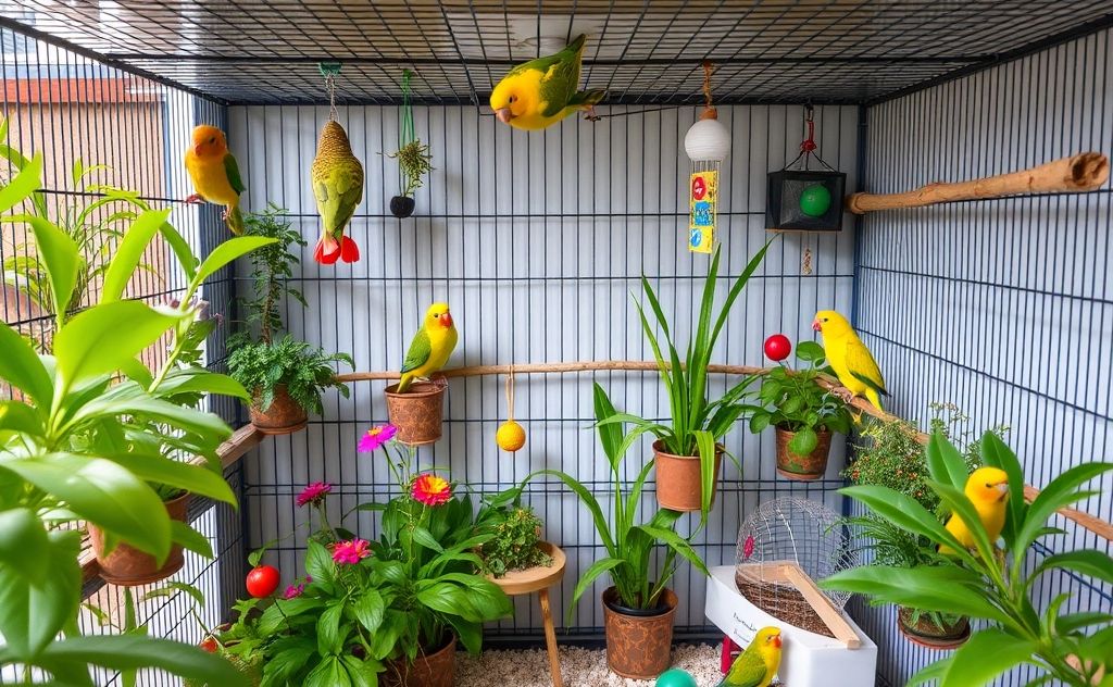 A spacious indoor birdcage filled with colorful plants and toys.