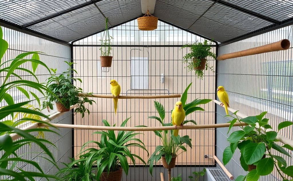 A spacious indoor birdcage filled with perches and plants.