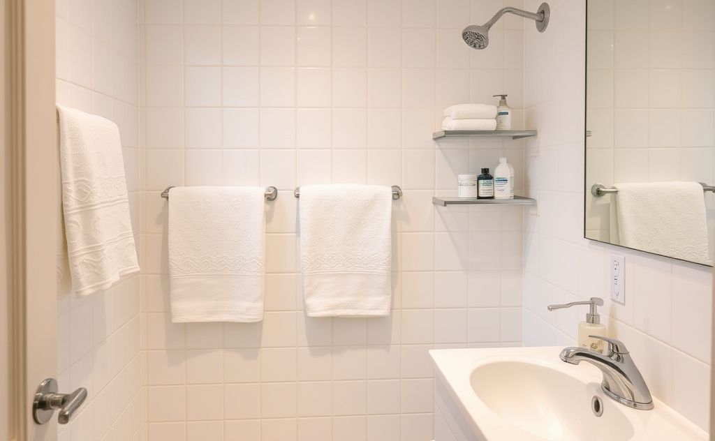 A sparkling clean bathroom with fresh towels and organized supplies.