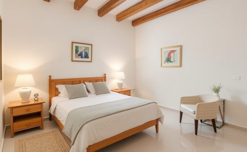 A sparkling clean bedroom with neatly arranged furniture and fresh linens.
