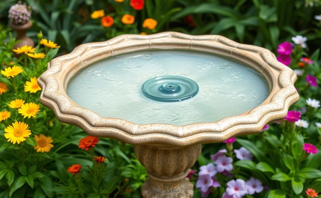 A sparkling clean bird bath surrounded by vibrant greenery and flowers.