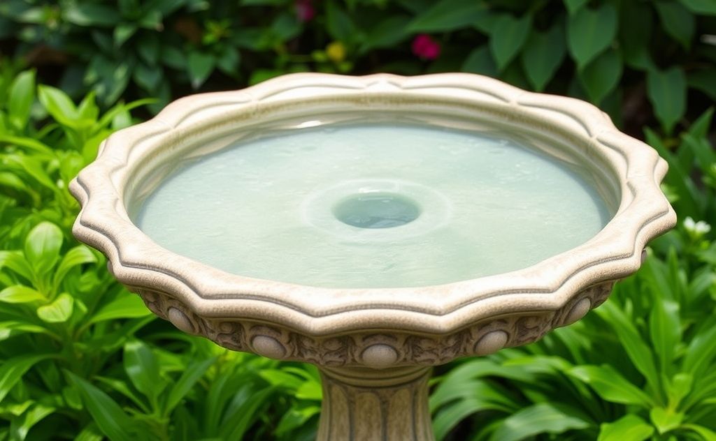 A sparkling clean bird bath surrounded by vibrant greenery.