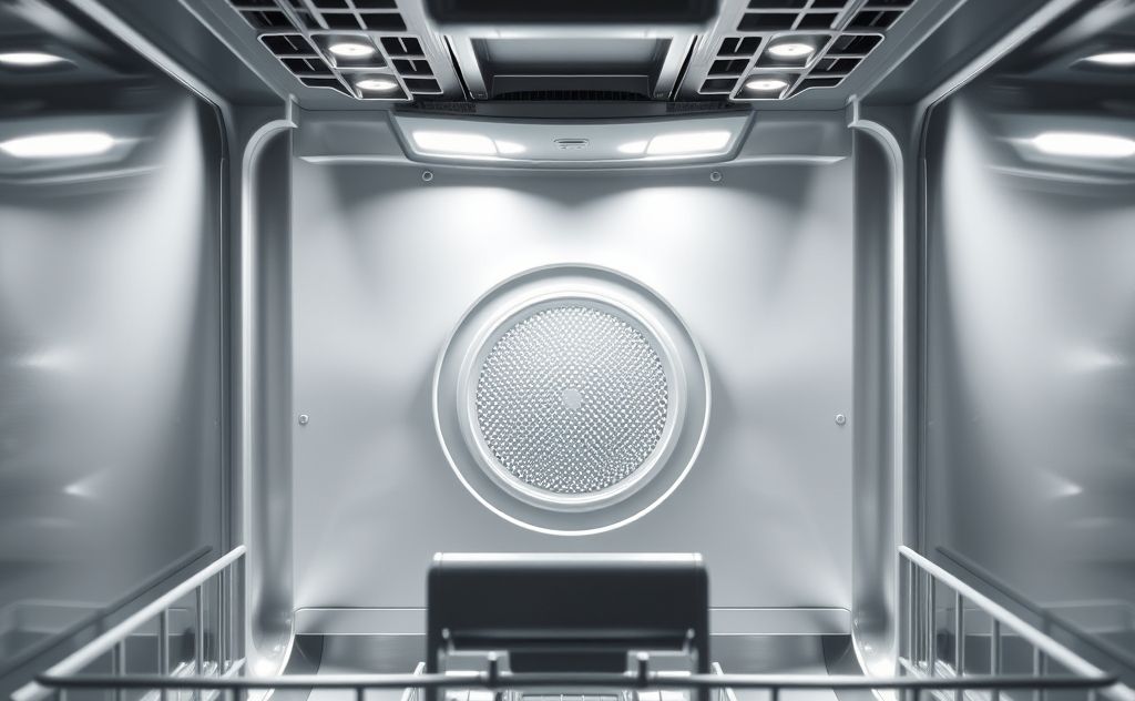 A sparkling clean dishwasher interior with a focus on the filter.