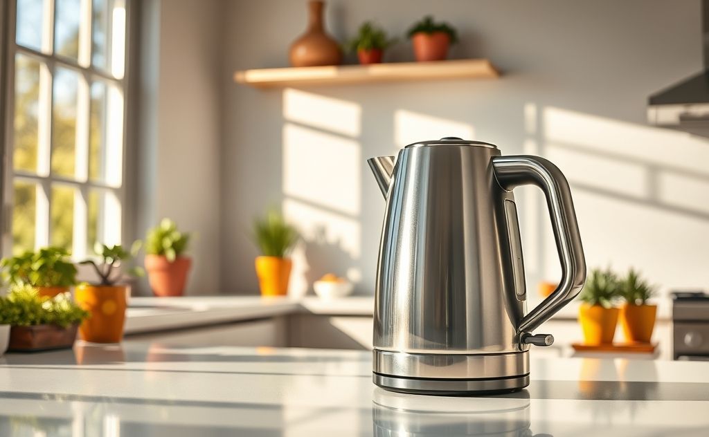 A sparkling clean electric kettle on a kitchen countertop.