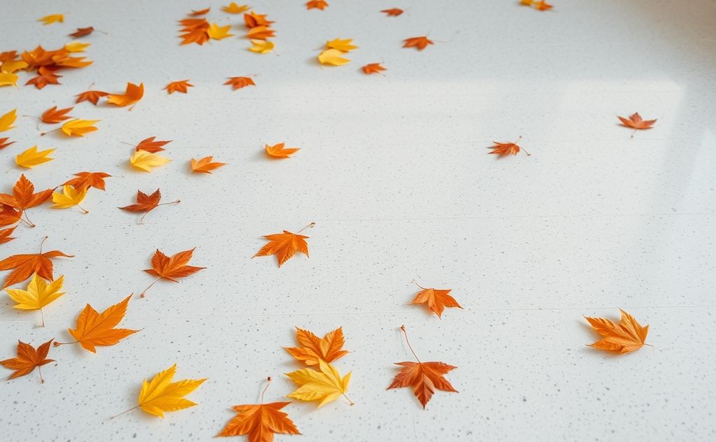 A sparkling clean floor with autumn leaves scattered around.