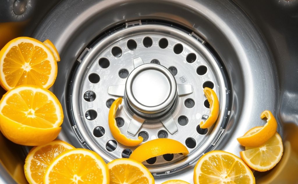 A sparkling clean garbage disposal surrounded by fresh citrus peels.