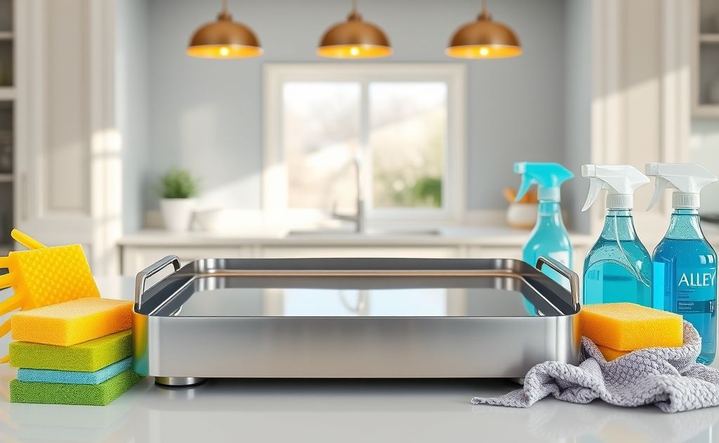 A sparkling clean home griddle surrounded by cleaning tools.