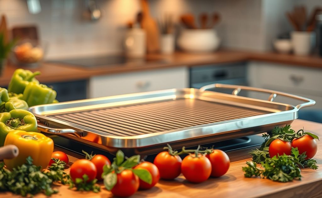 A sparkling clean home griddle with fresh ingredients nearby.
