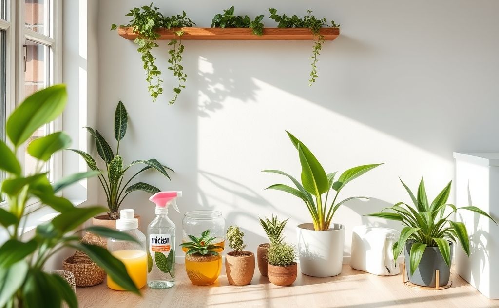 A sparkling clean home with natural cleaning supplies and plants.