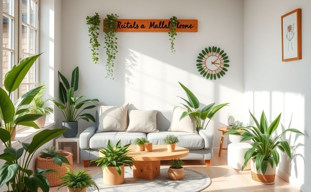 A sparkling clean home with natural cleaning tools and plants.