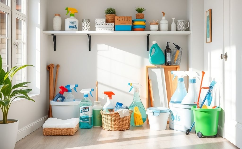 A sparkling clean home with organized cleaning supplies and tools.