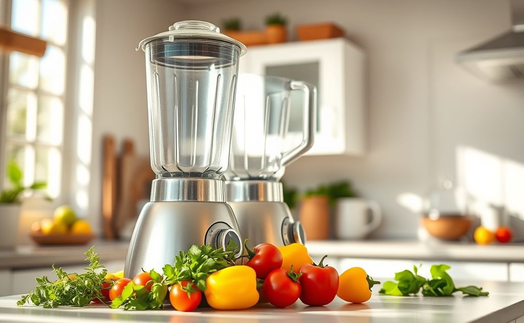 A sparkling clean kitchen appliance with fresh ingredients nearby.