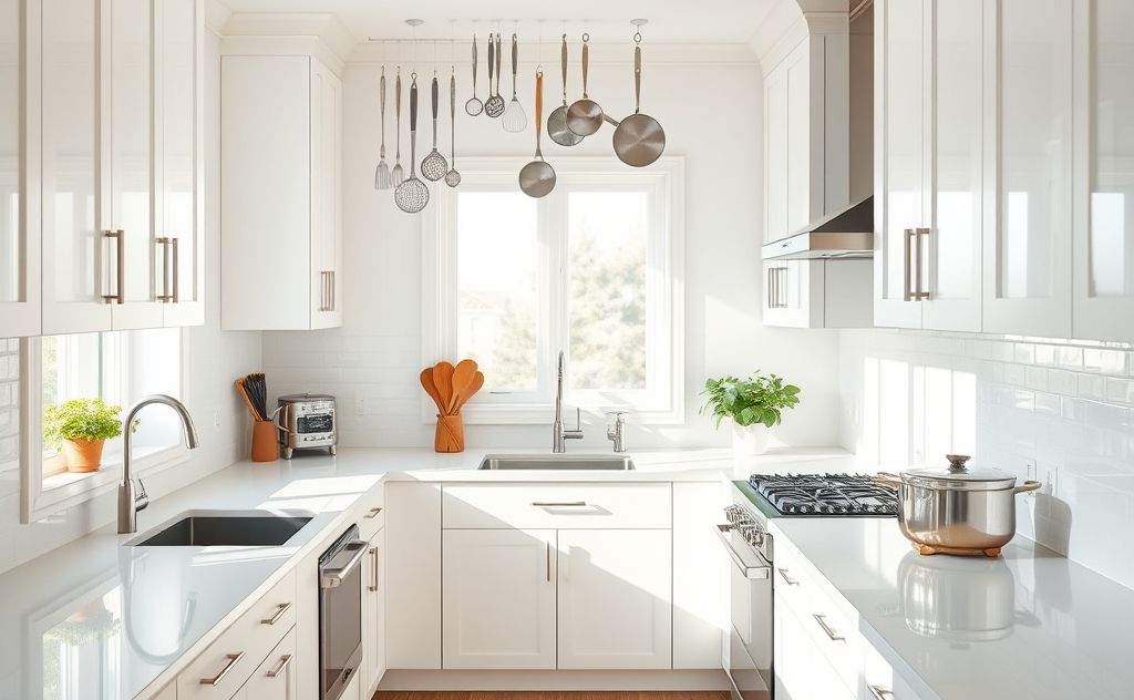 A sparkling clean kitchen with gleaming surfaces and organized tools.
