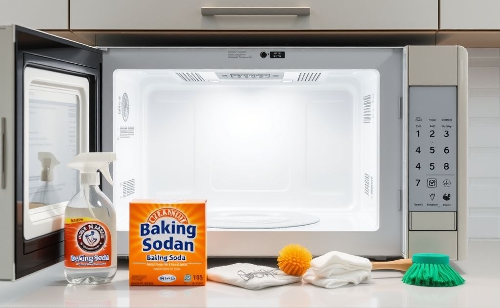A sparkling clean microwave with baking soda and cleaning supplies.