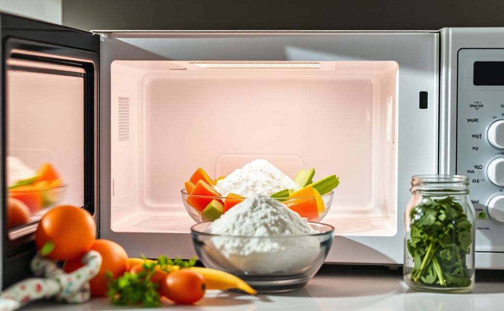 A sparkling clean microwave with baking soda and fresh ingredients.