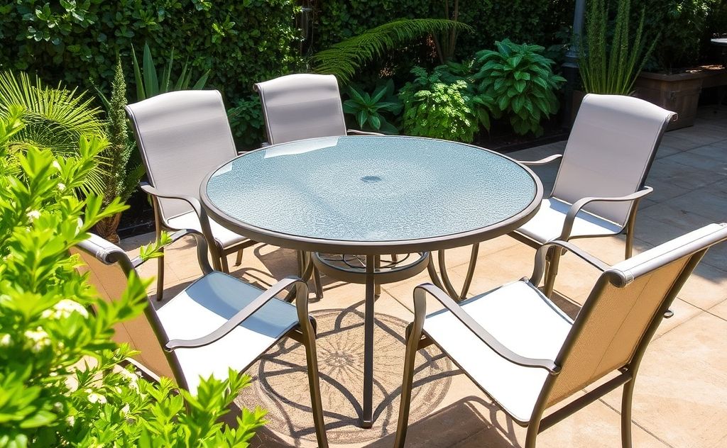 A sparkling clean outdoor patio set surrounded by greenery.