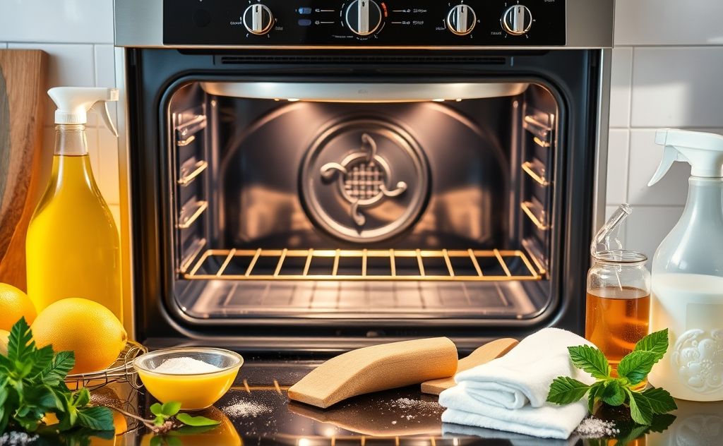 A sparkling clean oven surrounded by natural cleaning ingredients.