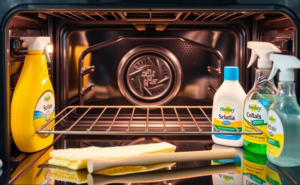 A sparkling clean oven with natural cleaning supplies and tools.