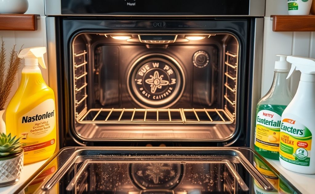 A sparkling clean oven with natural cleaning supplies around it.