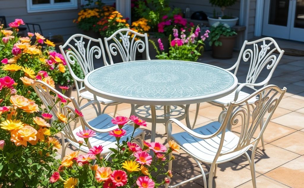 A sparkling clean patio set surrounded by blooming flowers.