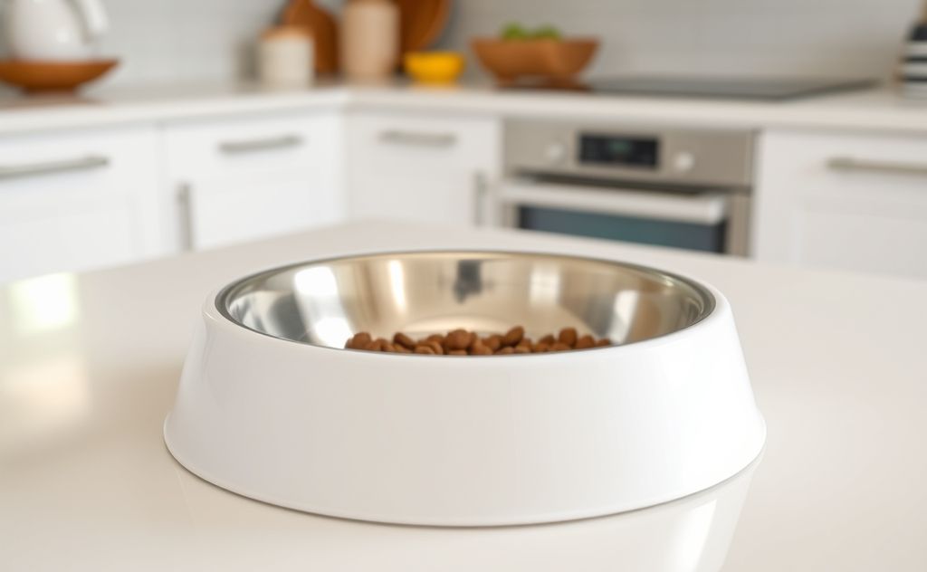 A sparkling clean pet food bowl on a bright kitchen countertop.