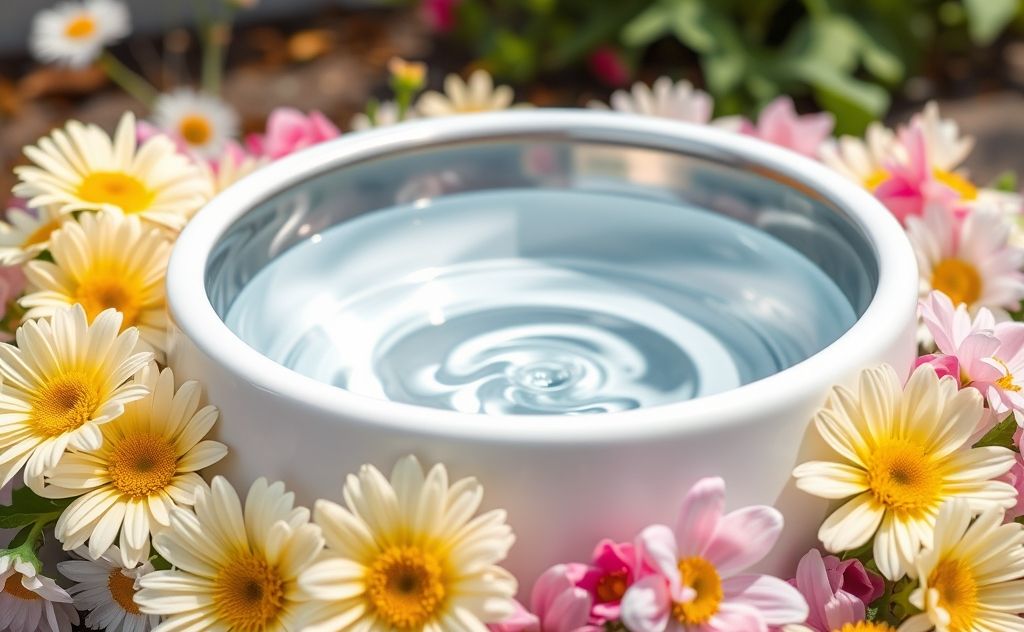A sparkling clean pet water bowl surrounded by fresh flowers.