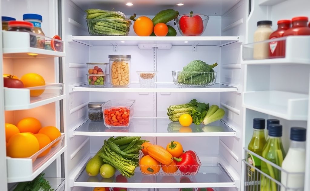 A sparkling clean refrigerator with organized shelves and fresh produce.