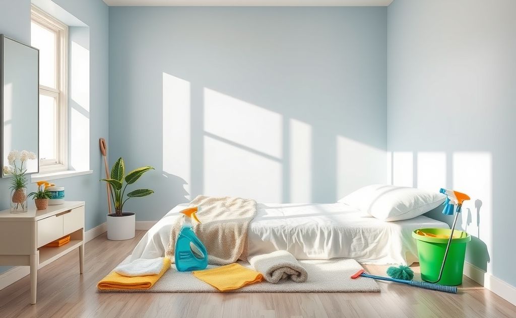 A sparkling clean room with essential cleaning supplies and tools.