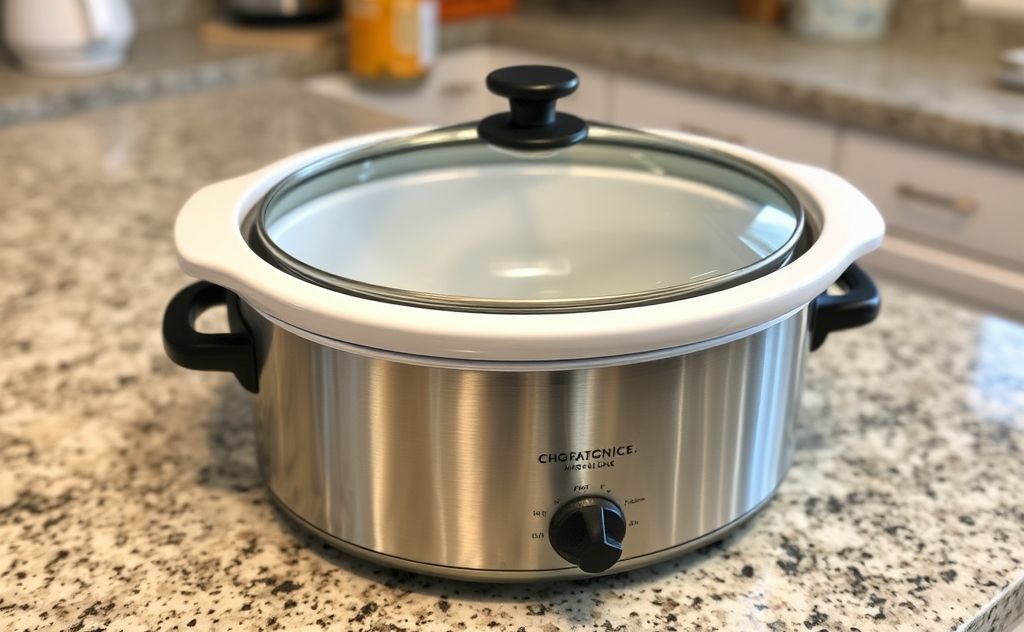 A sparkling clean slow cooker on a kitchen countertop.