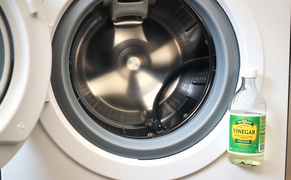 A sparkling clean washing machine with a bottle of vinegar nearby.