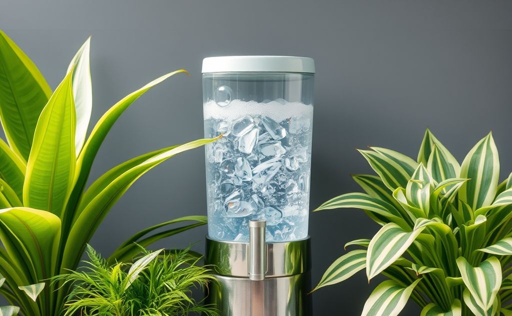 A sparkling clean water dispenser surrounded by fresh, vibrant plants.