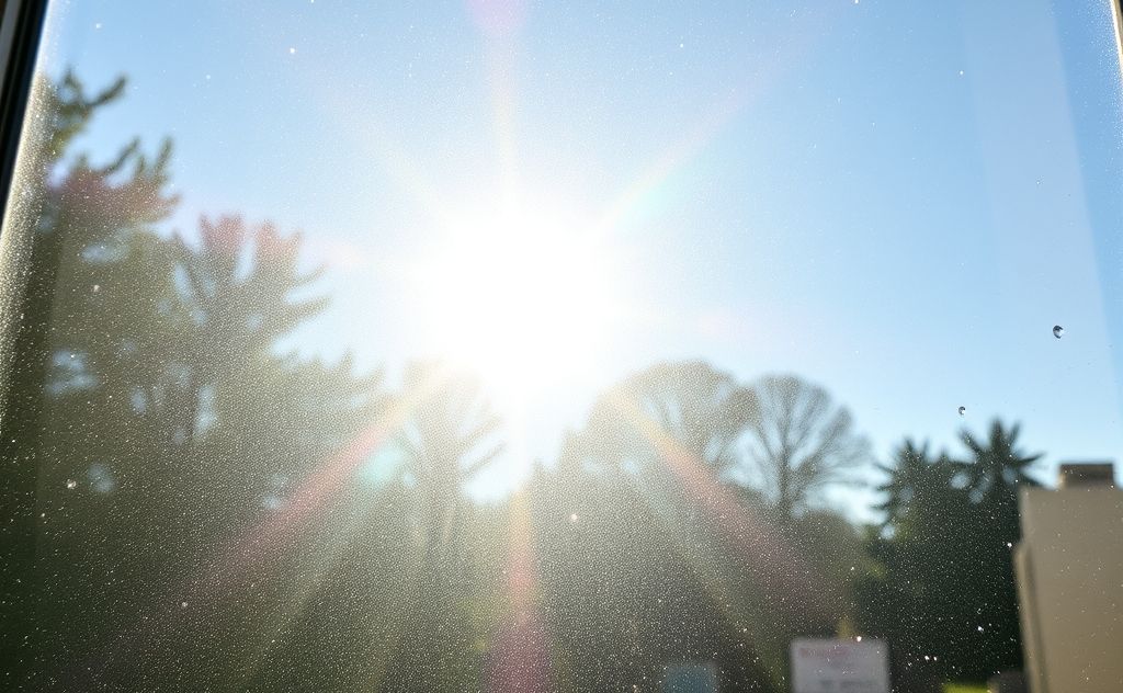 A sparkling clean window reflecting a bright, sunny day.