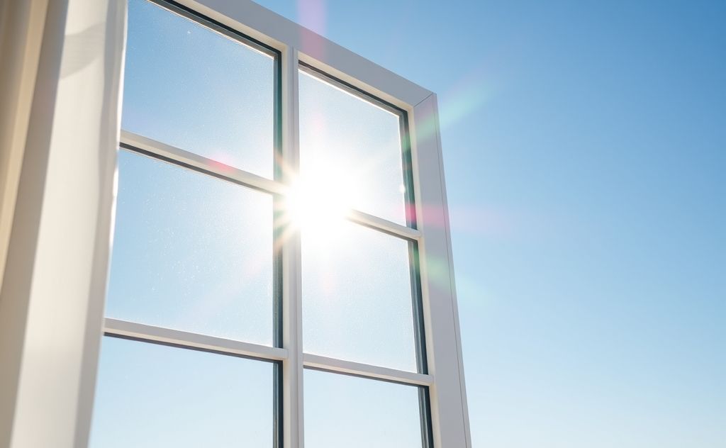 A sparkling clean window reflecting sunlight and a clear blue sky.
