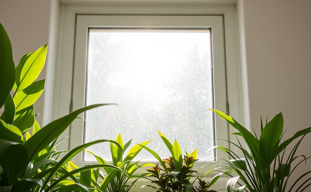 A sparkling clean window surrounded by green plants and sunlight.