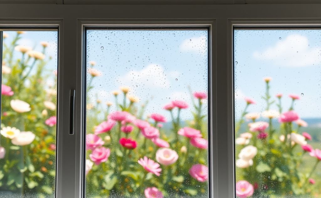 A sparkling clean window with a view of blooming flowers outside.
