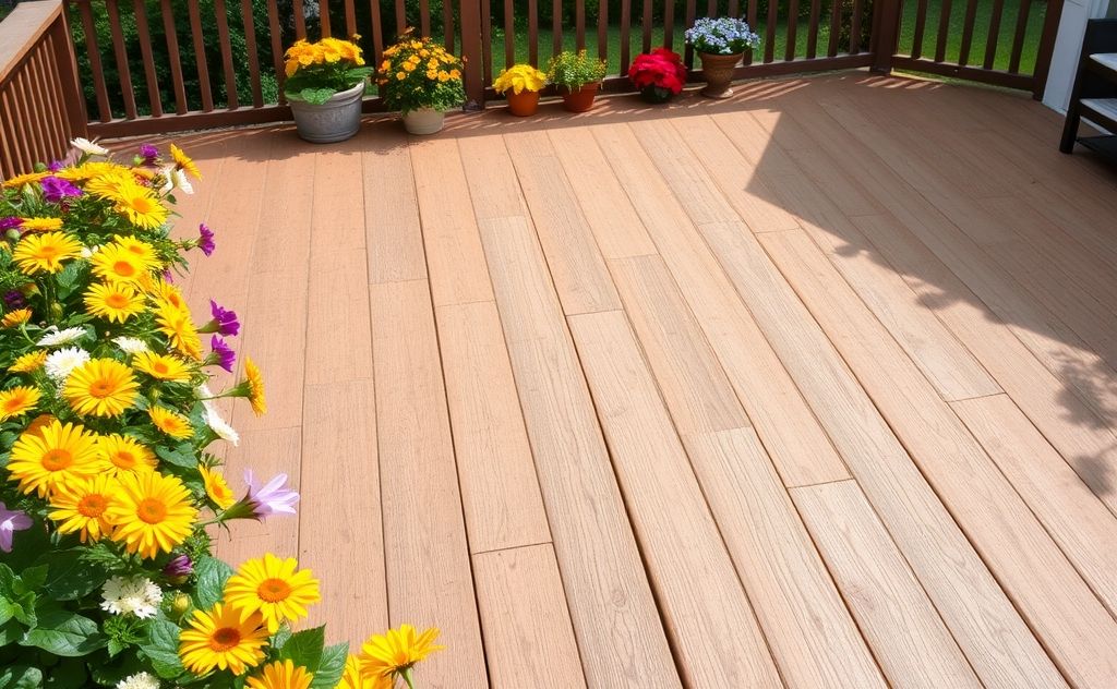 A sparkling clean wooden deck surrounded by seasonal flowers.