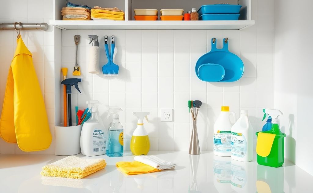A sparkling clean workspace with organized cleaning tools and supplies.